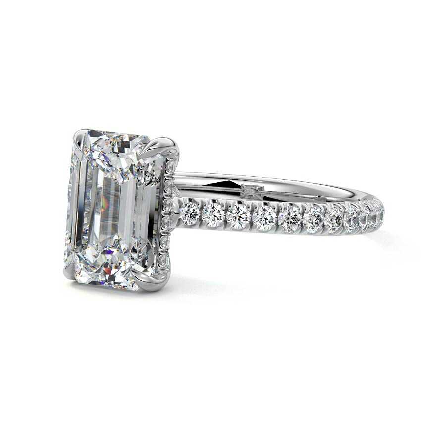 White gold Emerald Diamond Hidden Halo Engagement Ring with Pavé Band
