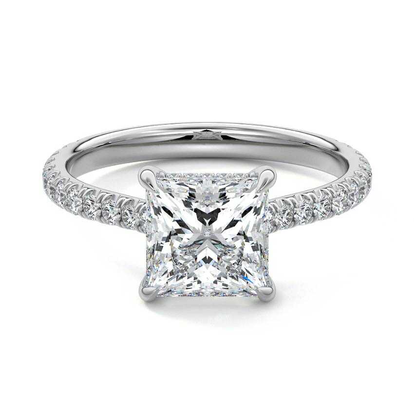 White gold Princess Diamond Hidden Halo Engagement Ring with Pavé Band