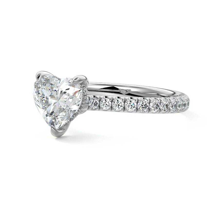 White gold Heart Diamond Hidden Halo Engagement Ring with Pavé Band