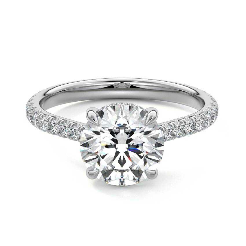 Silver Round Diamond Hidden Halo Engagement Ring with Pavé Band