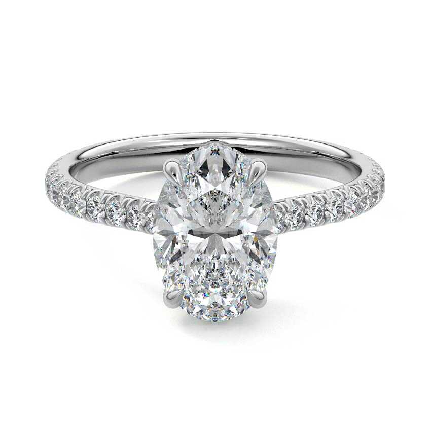 Platinum Oval Diamond Hidden Halo Engagement Ring with Pavé Band