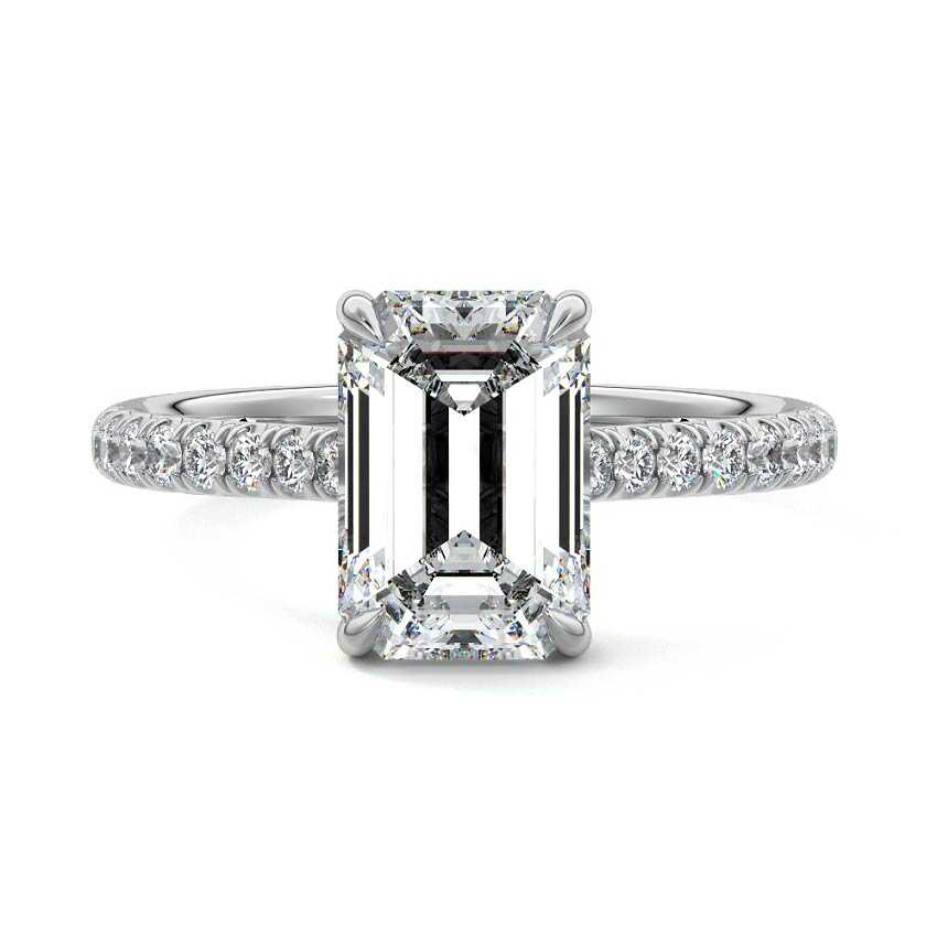 Platinum Emerald Diamond Hidden Halo Engagement Ring with Pavé Band