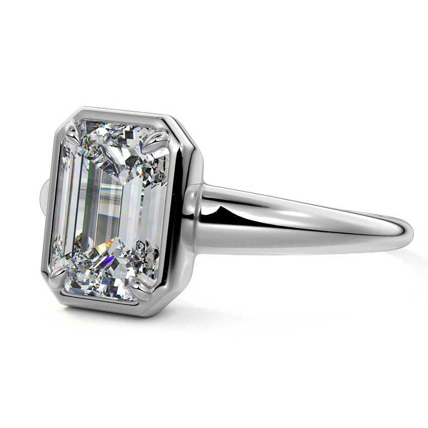 Silver Emerald Diamond Bezel Setting Solitaire Engagement Ring