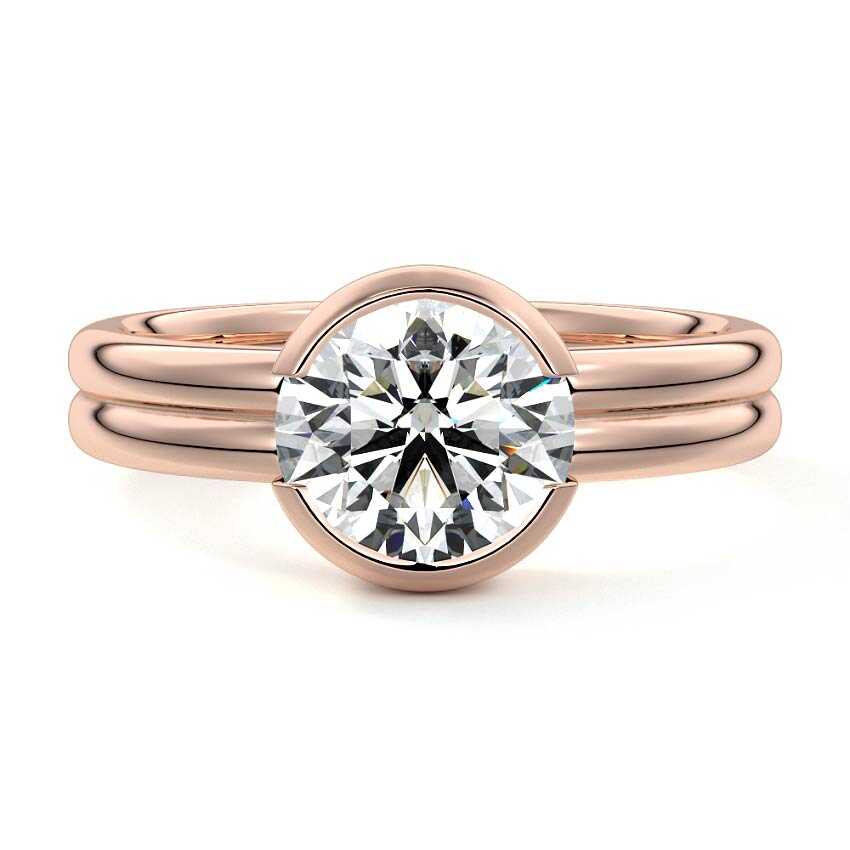 Rose gold Round Diamond Solitaire Engagement Ring with Double Band and Bezel Setting