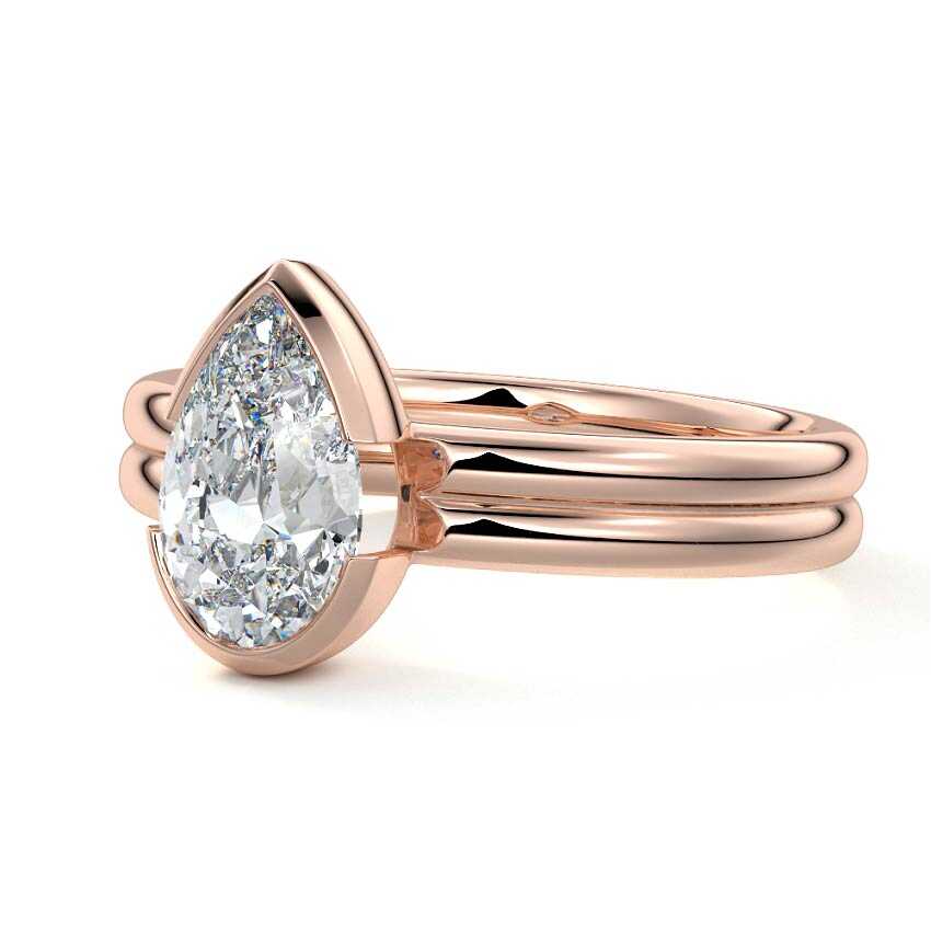 Rose gold Pear Diamond Solitaire Engagement Ring with Double Band and Bezel Setting