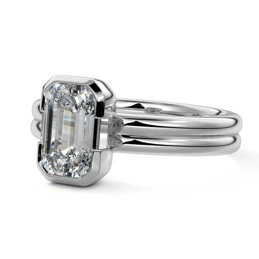 White gold Emerald Diamond Solitaire Engagement Ring with Double Band and Bezel Setting