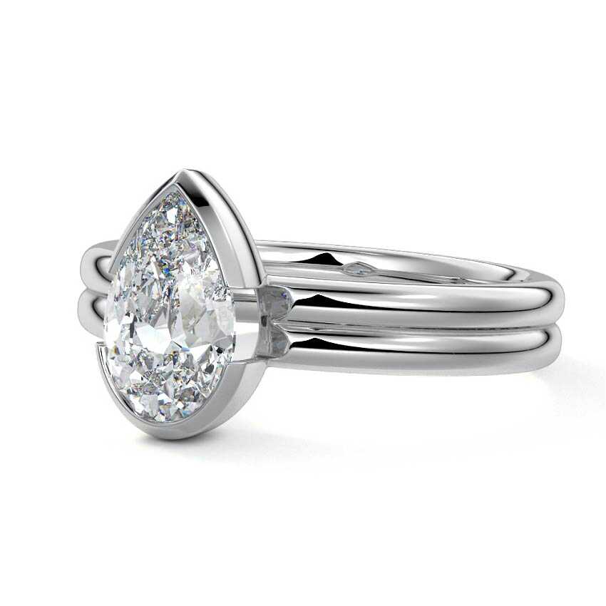 Platinum Pear Diamond Solitaire Engagement Ring with Double Band and Bezel Setting
