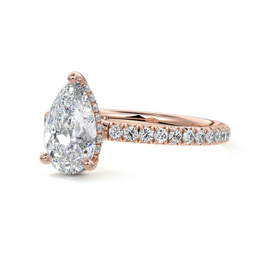 Rose gold Pear Diamond Hidden Halo Engagement Ring with Pave Band