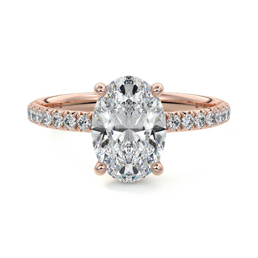 Rose gold Oval Diamond Hidden Halo Engagement Ring with Pave Band