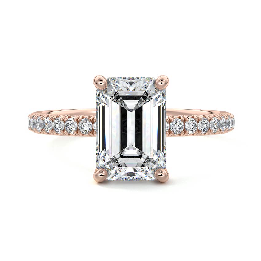 Rose gold Emerald Diamond Hidden Halo Engagement Ring with Pave Band