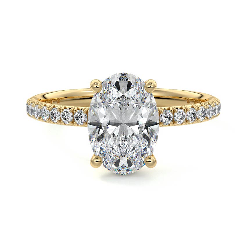 Yellow gold Oval Diamond Hidden Halo Engagement Ring with Pave Band