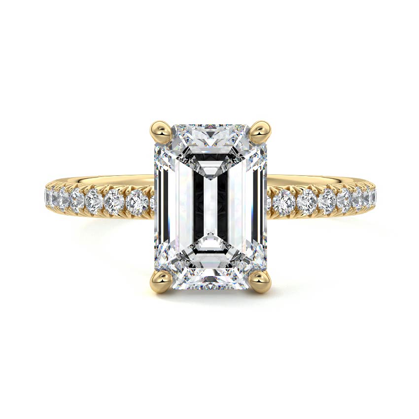 Yellow gold Emerald Diamond Hidden Halo Engagement Ring with Pave Band
