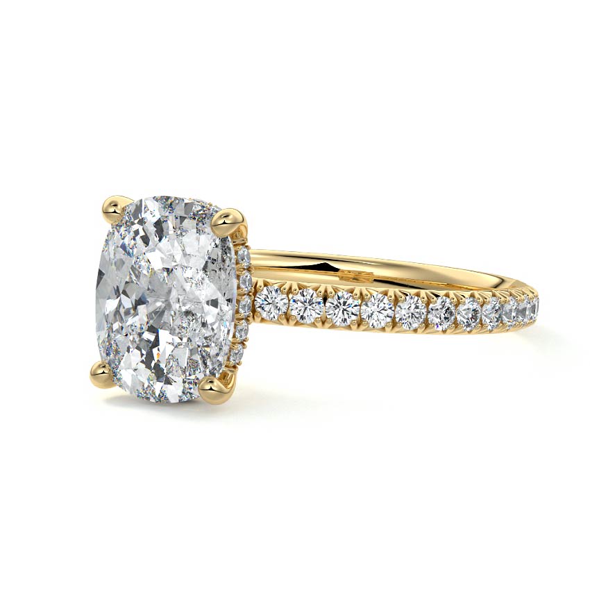 Yellow gold Cushion Diamond Hidden Halo Engagement Ring with Pave Band