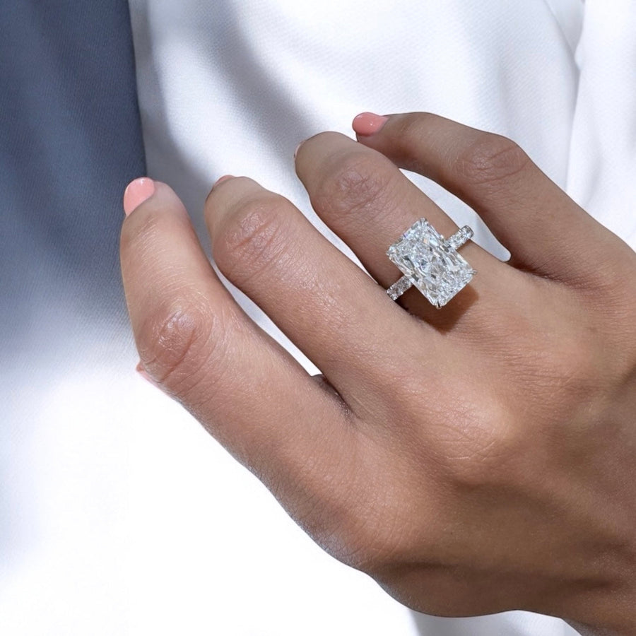 White gold Radiant Diamond Hidden Halo Engagement Ring with Pave Band