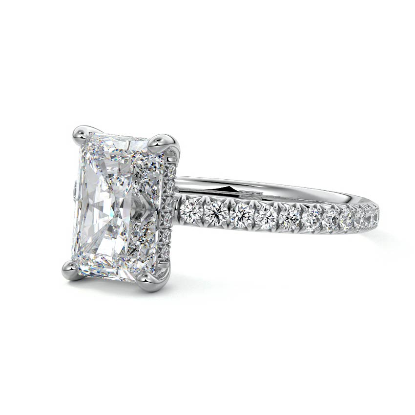 Silver Radiant Diamond Hidden Halo Engagement Ring with Pave Band