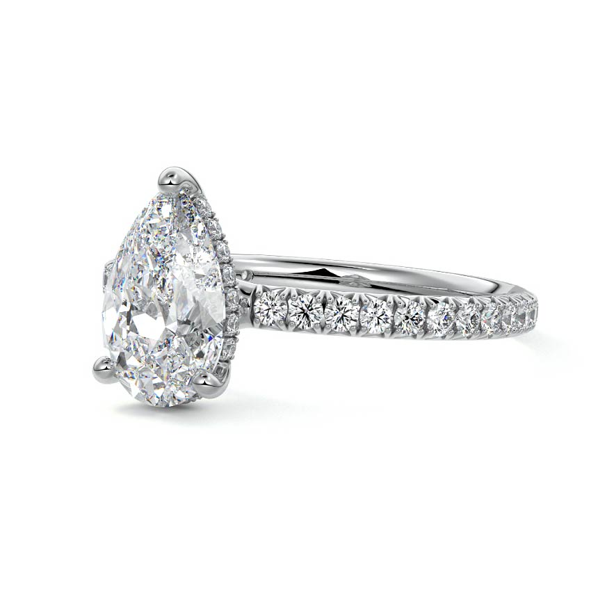 Silver Pear Diamond Hidden Halo Engagement Ring with Pave Band