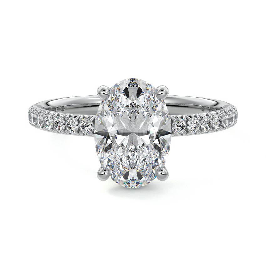 Platinum Oval Diamond Hidden Halo Engagement Ring with Pave Band