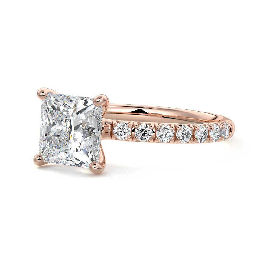 Rose gold Princess Diamond Solitaire Engagement Ring with Pavé Band and Prong Setting