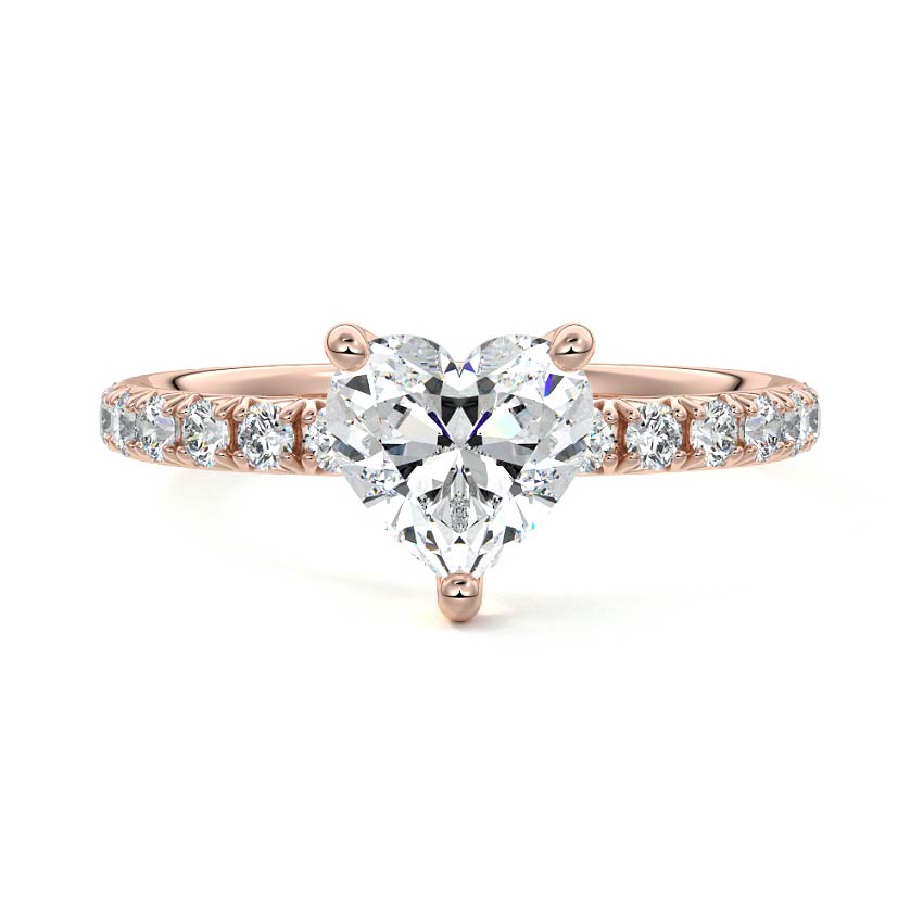 Rose gold Heart Diamond Solitaire Engagement Ring with Pavé Band and Prong Setting