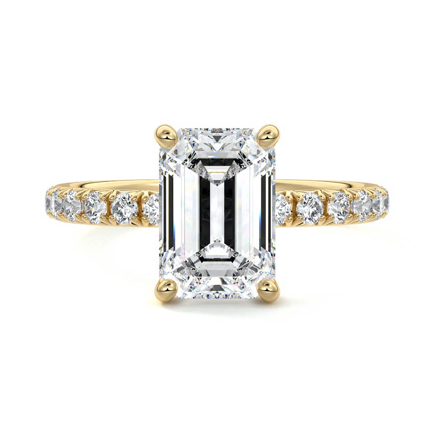 Yellow gold Emerald Diamond Solitaire Engagement Ring with Pavé Band and Prong Setting