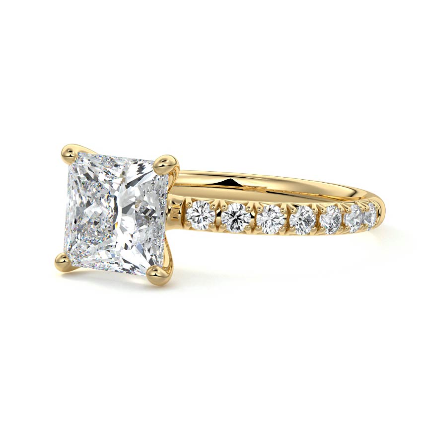 Yellow gold Princess Diamond Solitaire Engagement Ring with Pavé Band and Prong Setting
