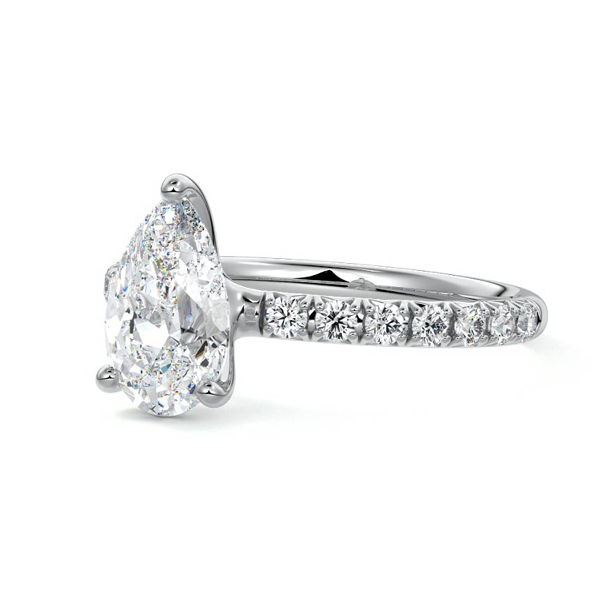 White gold Pear Diamond Solitaire Engagement Ring with Pavé Band and Prong Setting