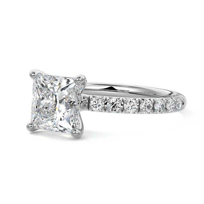 Platinum Princess Diamond Solitaire Engagement Ring with Pavé Band and Prong Setting