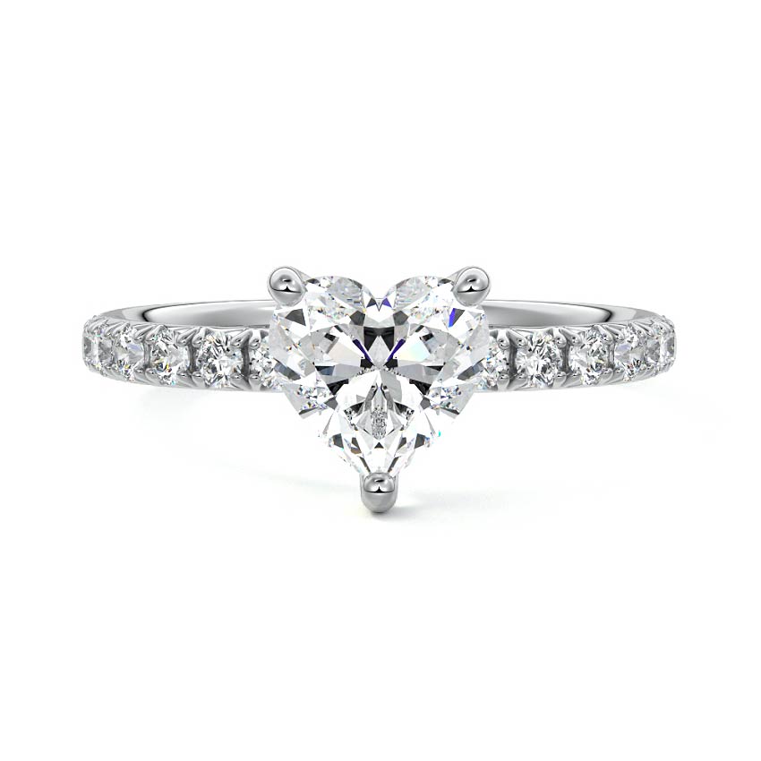 Platinum Heart Diamond Solitaire Engagement Ring with Pavé Band and Prong Setting