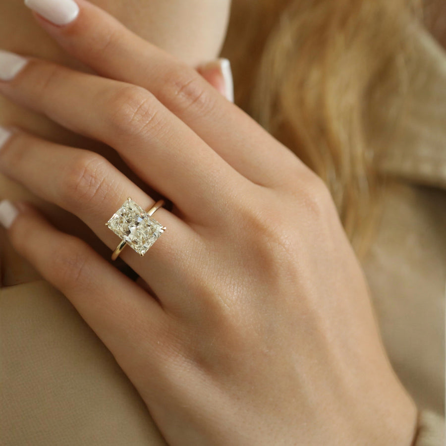 Yellow gold Radiant Diamond Solitaire Engagement Ring with Hidden Halo