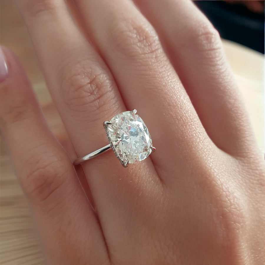 Platinum Cushion Diamond Solitaire Engagement Ring with Hidden Halo
