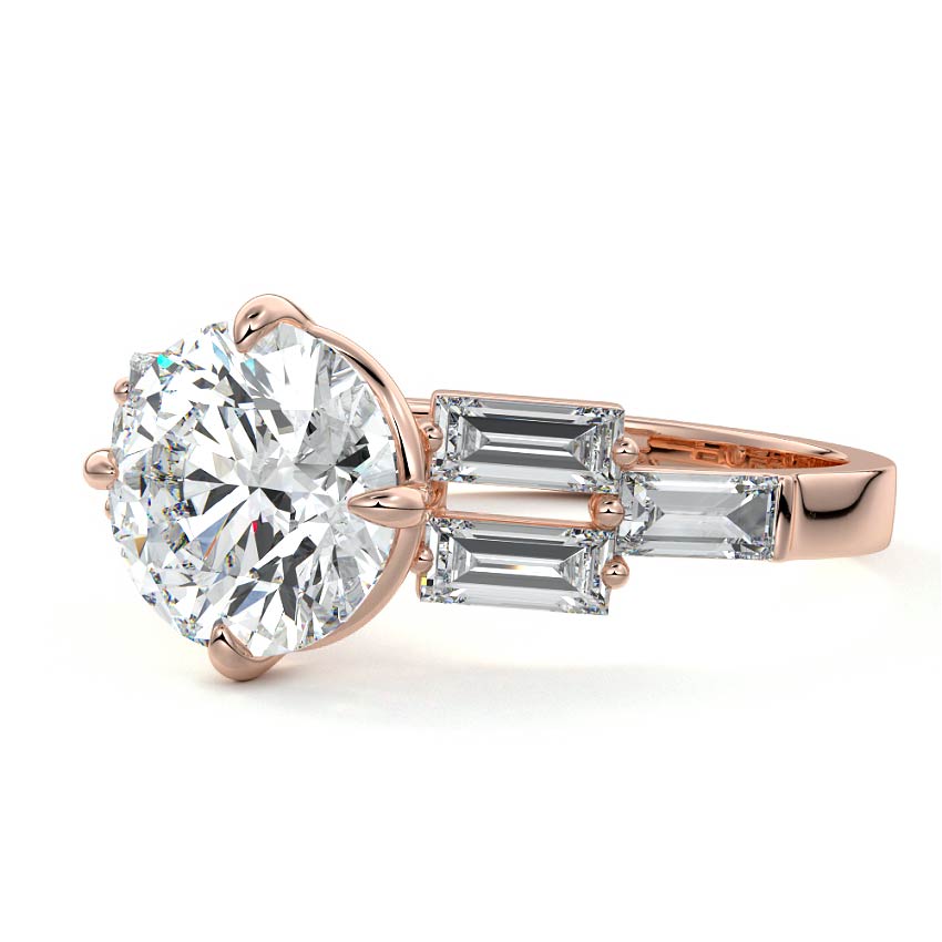 Rose gold Round Diamond Three-Stone Ring with Tapered Baguette Side Stones in Prong Setting