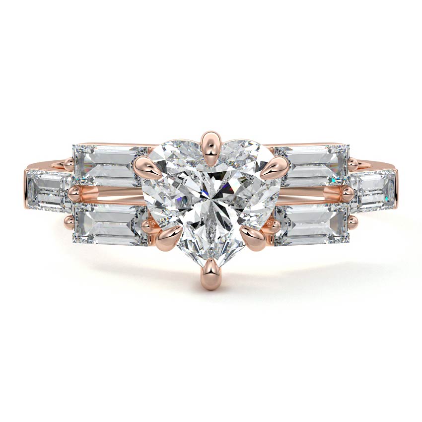 Rose gold Heart Diamond Three-Stone Ring with Tapered Baguette Side Stones in Prong Setting