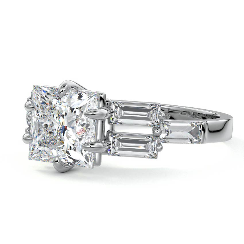 Silver Princess Diamond Three-Stone Ring with Tapered Baguette Side Stones in Prong Setting