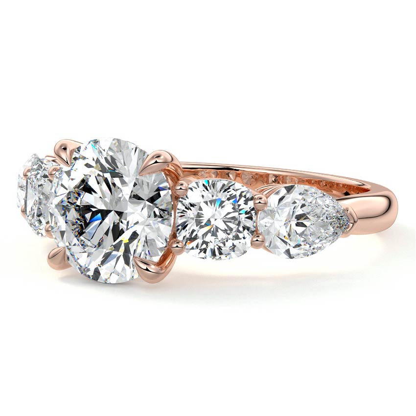 Rose gold Round Diamond Three-Stone Engagement Ring with Round and Pear Side Stones