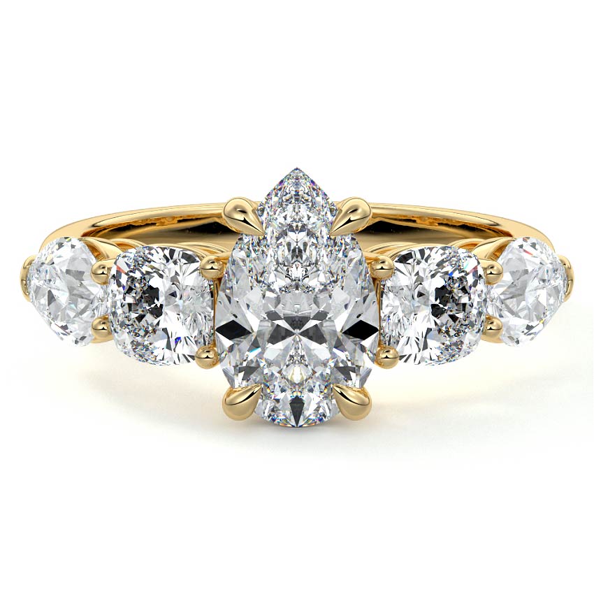 Yellow gold Pear Diamond Three-Stone Engagement Ring with Round and Pear Side Stones