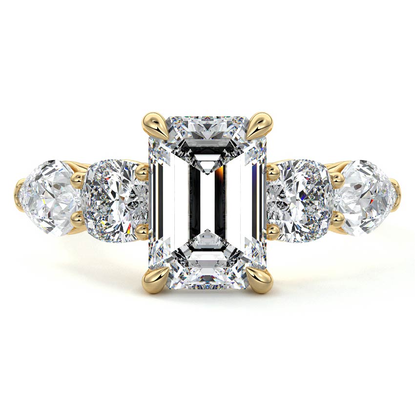 Yellow gold Emerald Diamond Three-Stone Engagement Ring with Round and Pear Side Stones