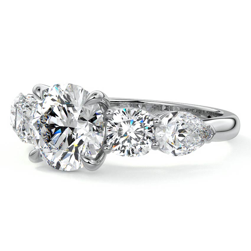 Platinum Round Diamond Three-Stone Engagement Ring with Round and Pear Side Stones