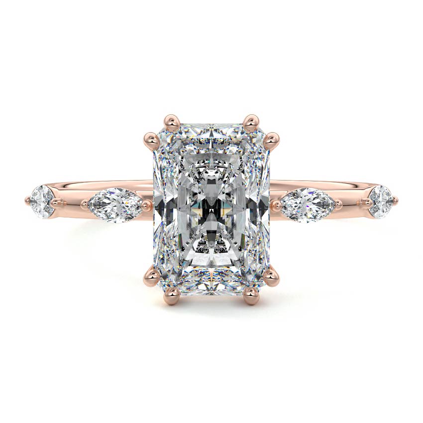 Rose gold Radiant Diamond Side Stone Ring with Alternating Round Accents in Prong Setting