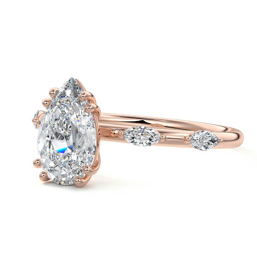 Rose gold Pear Diamond Side Stone Ring with Alternating Round Accents in Prong Setting