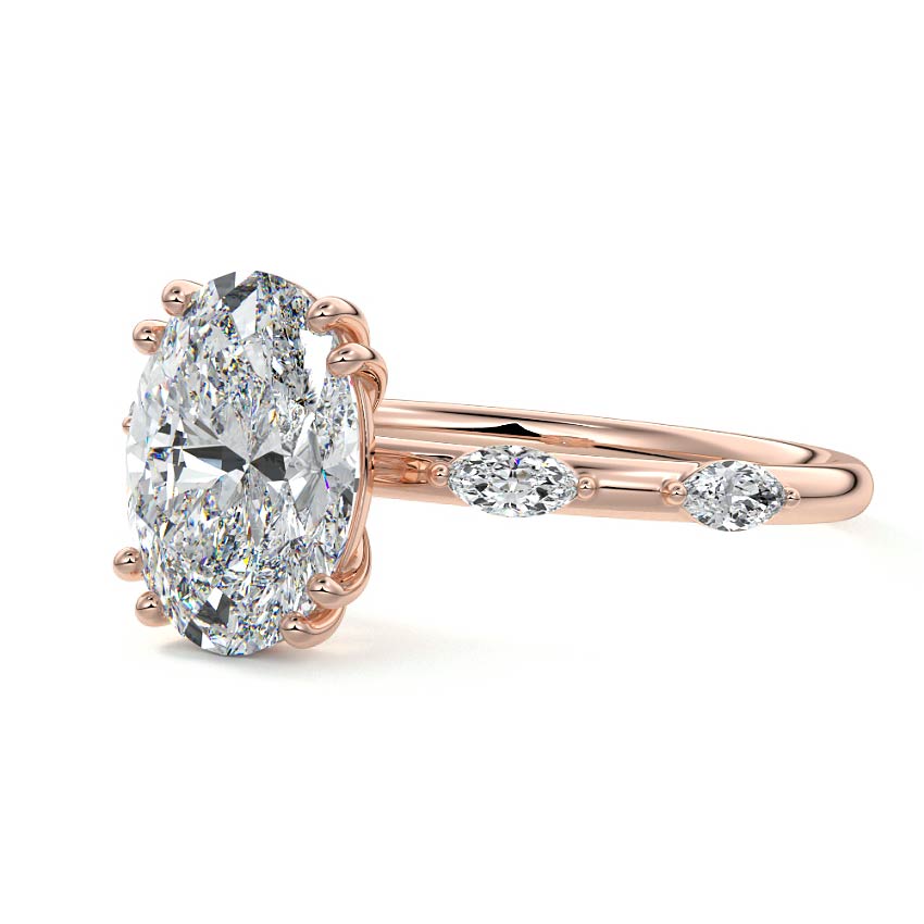 Rose gold Oval Diamond Side Stone Ring with Alternating Round Accents in Prong Setting