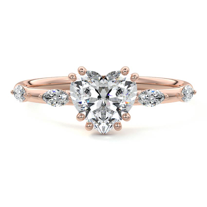 Rose gold Heart Diamond Side Stone Ring with Alternating Round Accents in Prong Setting