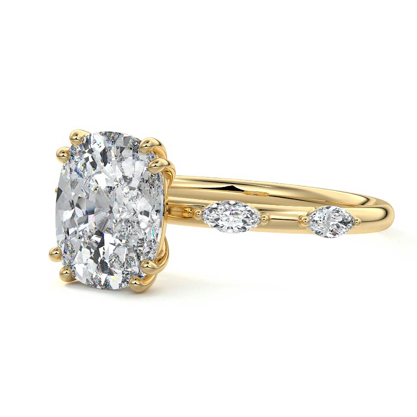 Yellow gold Cushion Diamond Side Stone Ring with Alternating Round Accents in Prong Setting
