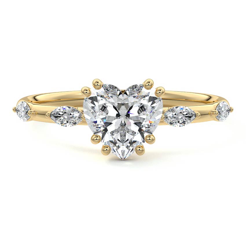 Yellow gold Heart Diamond Side Stone Ring with Alternating Round Accents in Prong Setting