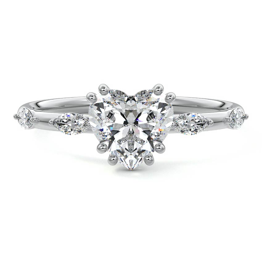 Silver Heart Diamond Side Stone Ring with Alternating Round Accents in Prong Setting