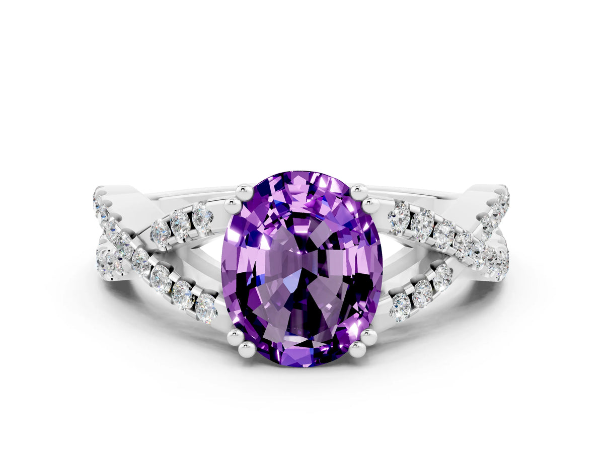 Oval Cut Amethyst Solitaire Ring in Silver with Interwoven Pavé Band and Prong Setting_6