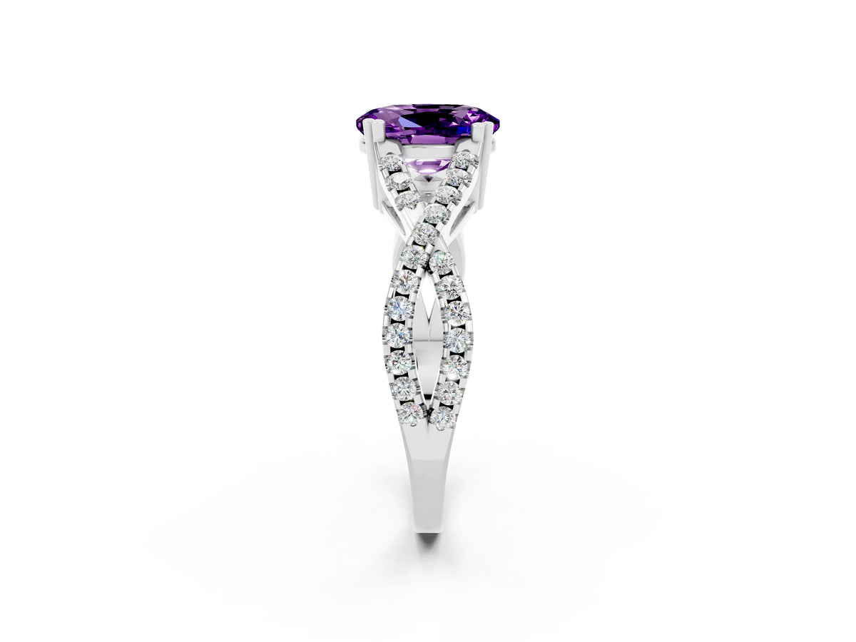 Oval Cut Amethyst Solitaire Ring in Silver with Interwoven Pavé Band and Prong Setting_8