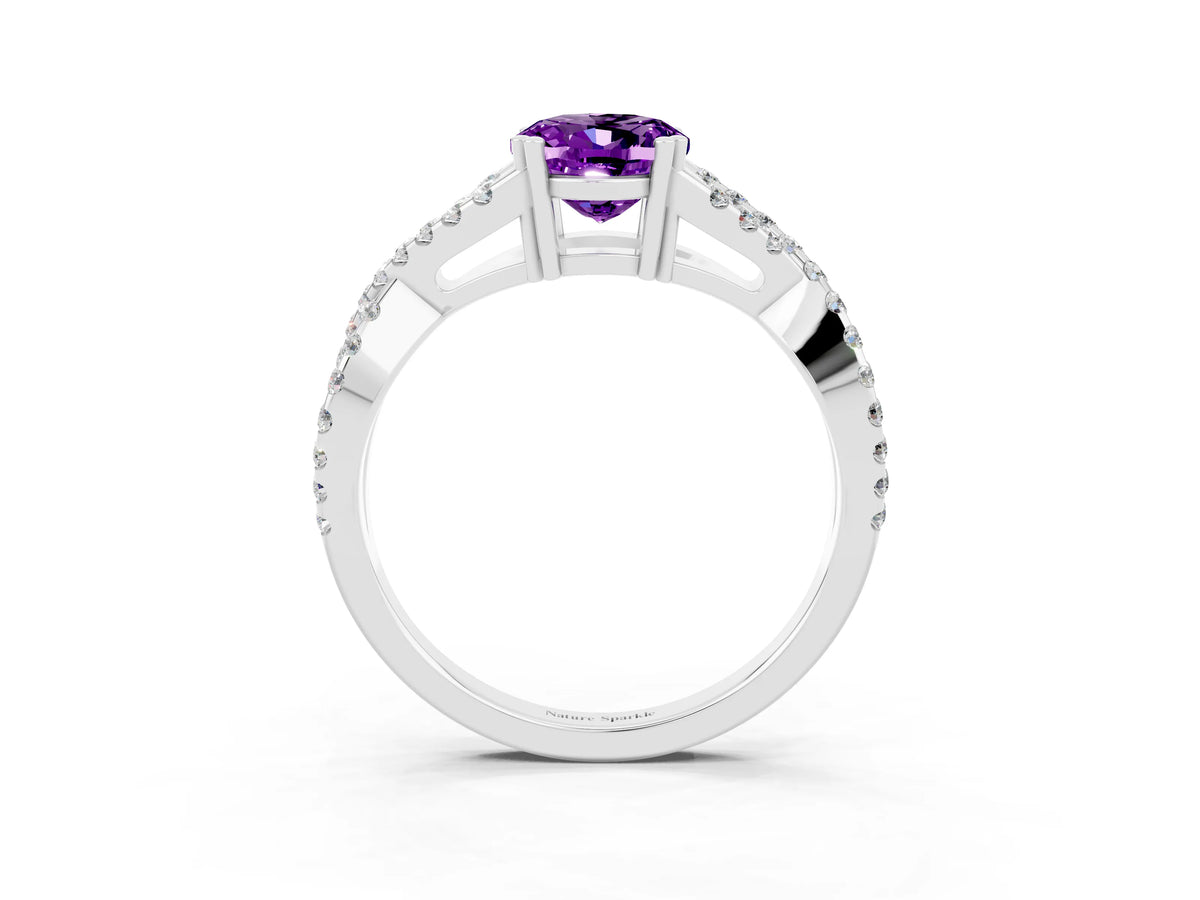 Oval Cut Amethyst Solitaire Ring in White gold with Interwoven Pavé Band and Prong Setting_3