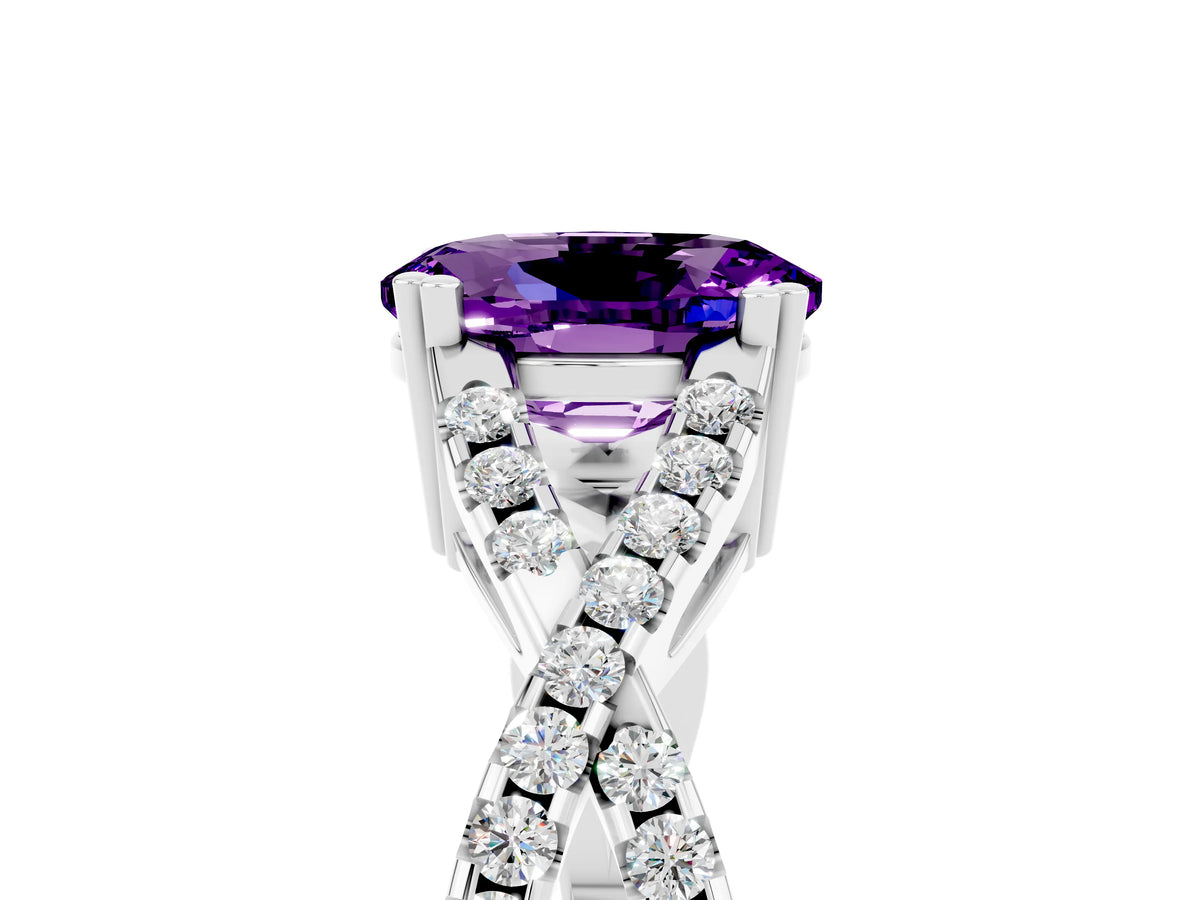 Oval Cut Amethyst Solitaire Ring in White gold with Interwoven Pavé Band and Prong Setting_5