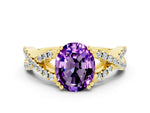 Oval Cut Amethyst Solitaire Ring in Yellow gold with Interwoven Pavé Band and Prong Setting