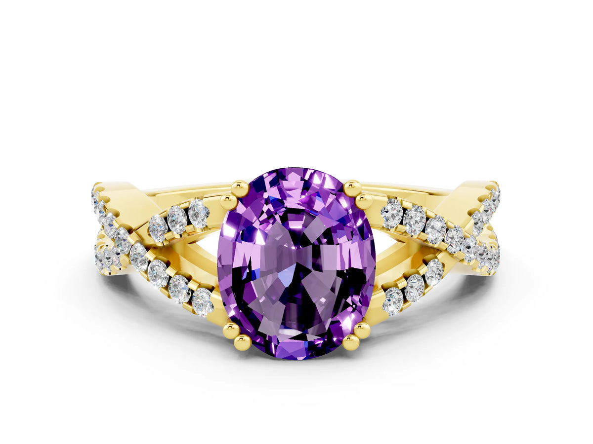 Oval Cut Amethyst Solitaire Ring in Yellow gold with Interwoven Pavé Band and Prong Setting